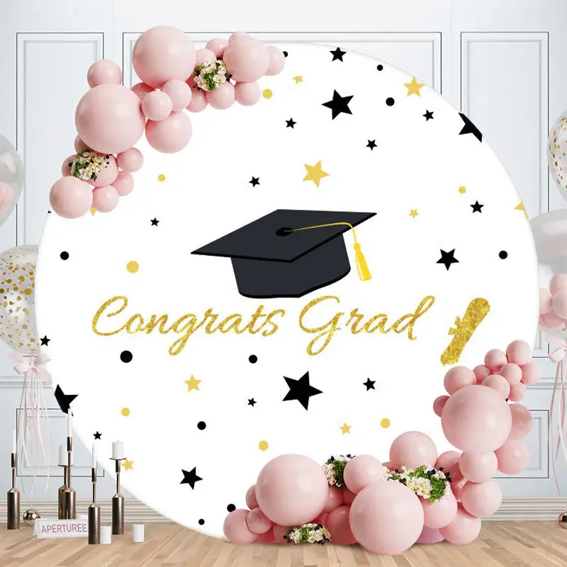 Aperturee Black And Gold Glitter Round Graduation Backdrop