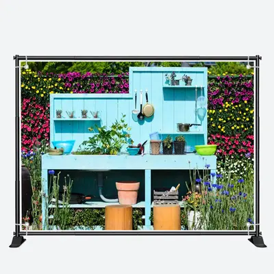 Little Flowers Blue Wooden Desk Spring Backdrop - Aperturee