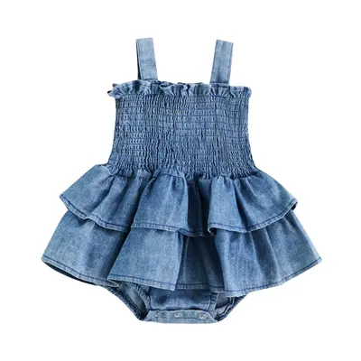 Baby Girls Summer Denim Romper Clothes Smocked Bodysuit Ruffle Layer Dress Newborn Onesie Sunsuit 3 6 9 12 18 Months  Jumpsui...