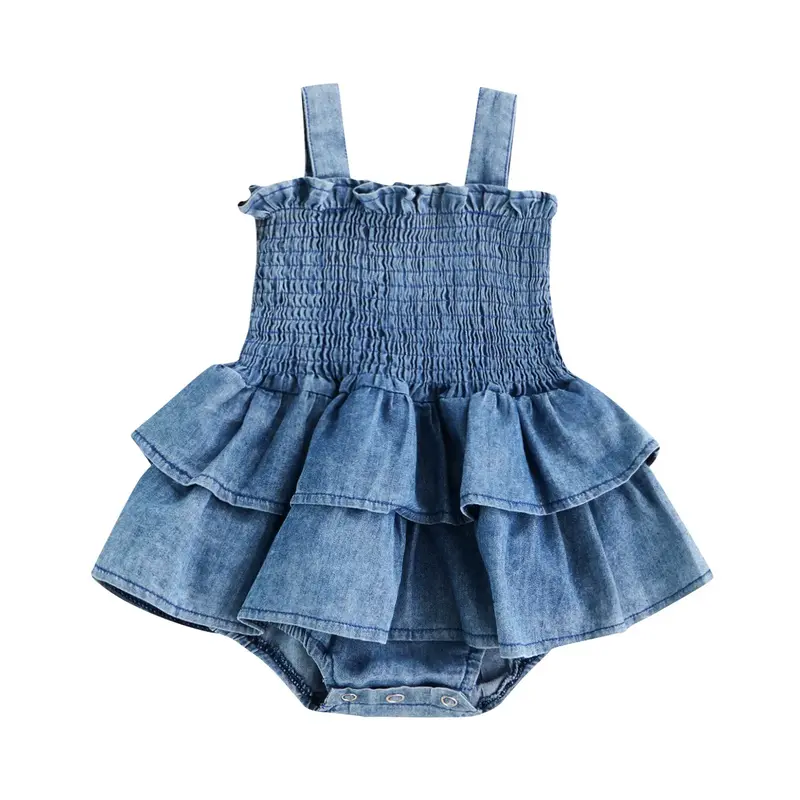 Baby Girls Summer Denim Romper Clothes Smocked Bodysuit Ruffle Layer Dress Newborn Onesie Sunsuit 3 6 9 12 18 Months  Jumpsui...