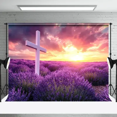 Aperturee Purple Lavender Flower Sea Cross Easter Backdrop, 3X2FT(1MX0.6M), 14 USD, easter backdrops, NYHD6I28-M