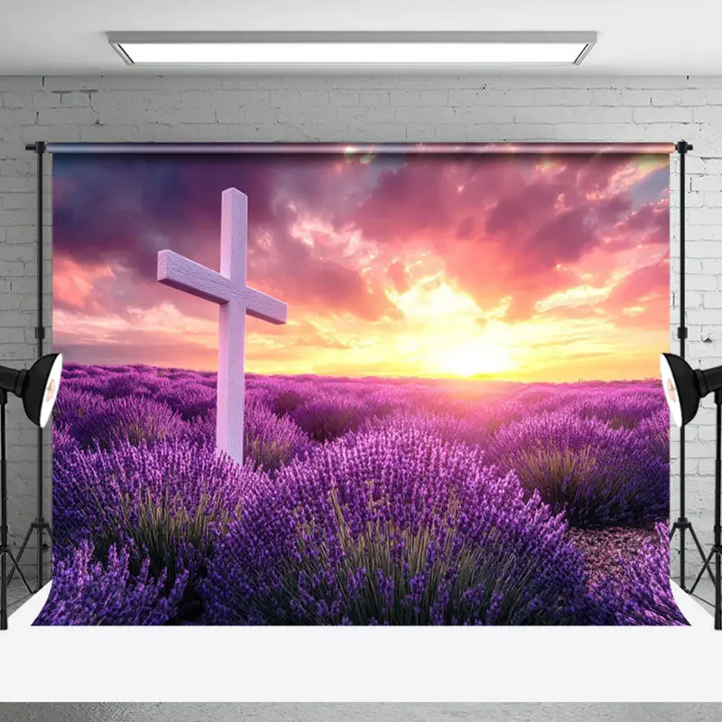 Aperturee Purple Lavender Flower Sea Cross Easter Backdrop, 3X2FT(1MX0.6M), 14 USD, easter backdrops, NYHD6I28-M