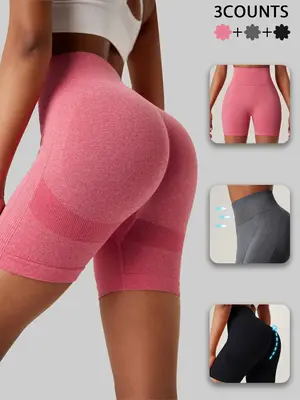 Women's Solid Color Seamless High Waist Sports Shorts Set,  Sports High Waist Bicycle Shorts Set, Gym Sports Shorts, Back to...