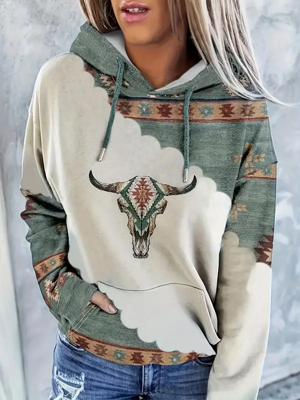 Women's Tribal Bull Head Print Drop Shoulder Hoodie, Boho Casual Drawstring Pocket Hooded Sweatshirt for Daily Holiday Outdoo...
