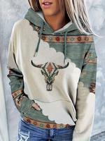 Women's Tribal Bull Head Print Drop Shoulder Hoodie, Boho Casual Drawstring Pocket Hooded Sweatshirt for Daily Holiday Outdoo...