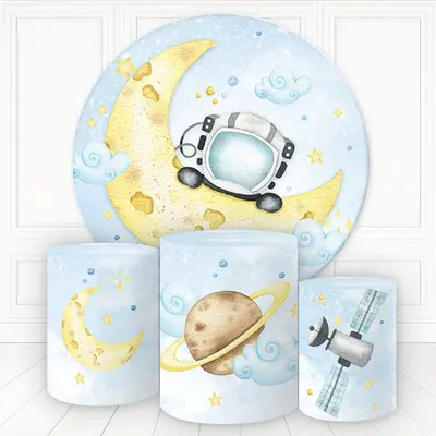 Aperturee Cute Astronaut On Moon And Cloud Round Birthday Backdrop Kit | Round Backdrop Fabric Cover | Birthday Backdrop Idea...