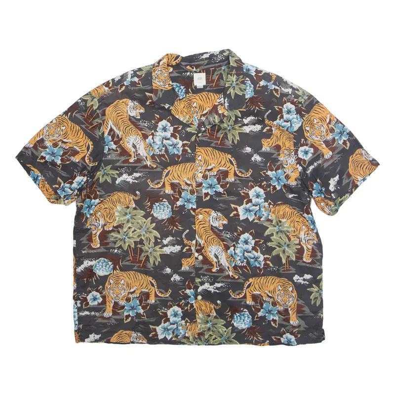 H&M TIGER Mens Hawaiian Shirt Black Floral XL