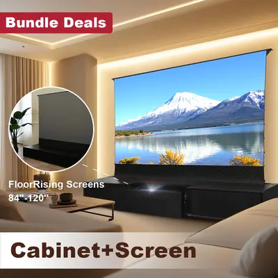 Shore Wood Grain UST Projector Cabinet + Motorized Floor Rising Screen Bundle(Cabinet Pre-Assembled）
