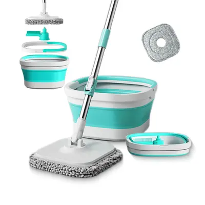 Foldable Spin Mop & Square-Head Collapsible Bucket – Space-Saving Self-Wring Microfiber Mop with Extendable Stainless-Steel...