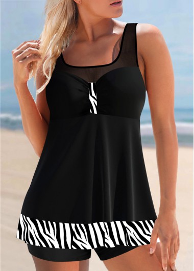 Modlily Black Zebra Print Mesh Stitching Tankini Top - S