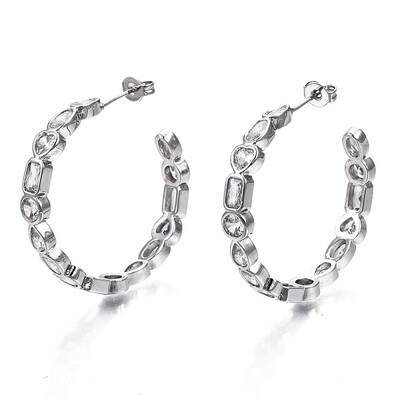 Brass Micro Pave Clear Cubic Zirconia Half Hoop Earrings