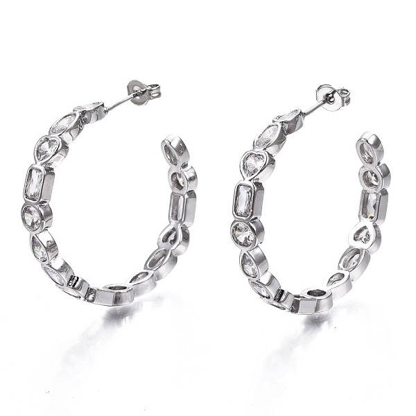 Brass Micro Pave Clear Cubic Zirconia Half Hoop Earrings