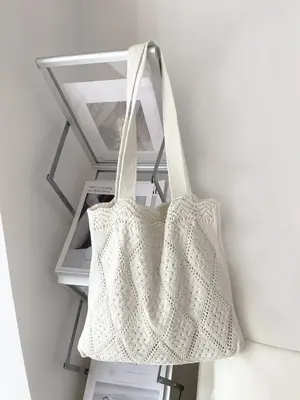 Women's Elegant Crochet Design Tote Bag, Trendy Cute Large Capacity Slip on Shoulder Bag, All-match Tote Bag for Daily Use