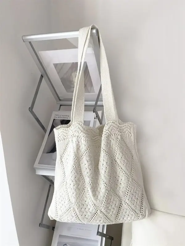 Women's Elegant Crochet Design Tote Bag, Trendy Cute Large Capacity Slip on Shoulder Bag, All-match Tote Bag for Daily Use