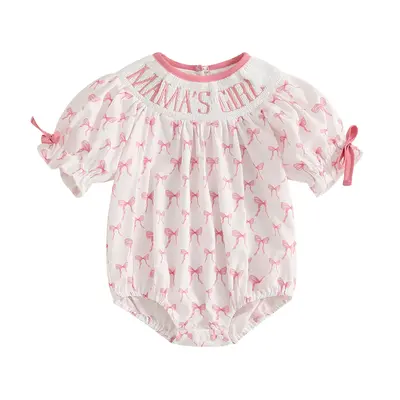 Baby Girl Romper Mamas Mini Bow Plaid Print Puff Sleeve Smocked Bubble Romper Jumpsuit Bodysuit Clothes
