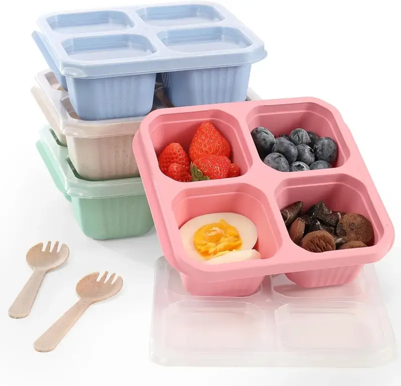Snack Containers (4 Pack), Reusable 4 Compartment Snack Box, Small Bento Box, Lunchable Containers for Work and Traveling - W...