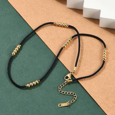 Ion Plating(IP) 304 Stainless Steel Round Beaded Nylon Cord Necklaces for Women