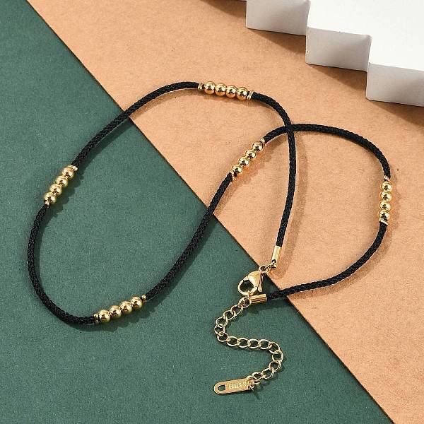 Ion Plating(IP) 304 Stainless Steel Round Beaded Nylon Cord Necklaces for Women
