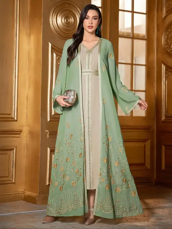 Women's Floral Embroidery Long Sleeve Abaya & Dress Two-piece Set, Chic Modest Elegant Two-piece Outfit for Spring & Fall, La...