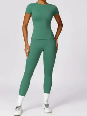Two-piece Set Women's Solid Round Neck Tee & Leggings Tracksuit Set, Tight Fit Quick Drying Two-piece Activewear Set, Ladies ...