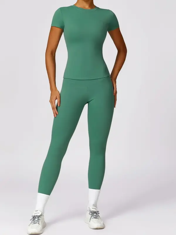 Two-piece Set Women's Solid Round Neck Tee & Leggings Tracksuit Set, Tight Fit Quick Drying Two-piece Activewear Set, Ladies ...
