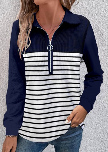 Modlily Navy Zipper Striped Long Sleeve T Shirt - M