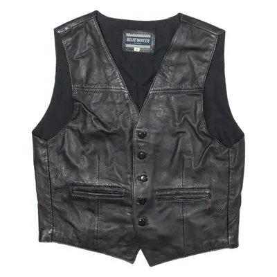 BLUE WATER Mens Waistcoat Black Leather 90s M