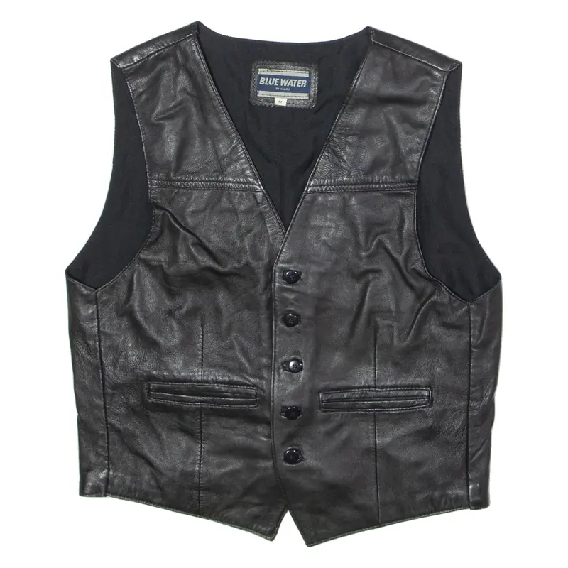 BLUE WATER Mens Waistcoat Black Leather 90s M