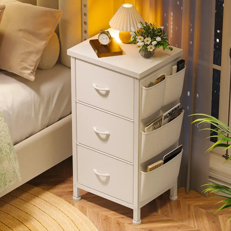 Raybee Furniture Night Stand with 3 Drawers for Bedroom, Bedside Table with Wooden Top, Sturdy Steel Frame End Table, Small D...