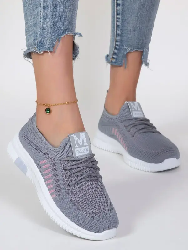 Women's Fashion Plain Lace Up Front Mesh Sneakers, Breathable & Lightweight Running Shoes, Casual Comfortable Sports Shoes f...