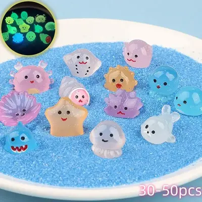 Cute Cartoon Sea Life Design Resin Ornament, 30/50pcs Luminous Miniature Sea Life Decoration, Aquarium Tank Decoration