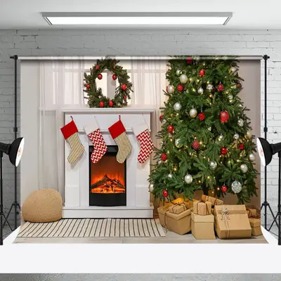 Aperturee Modern White Fireplace Wreath Tree Gift Xmas Backdrop