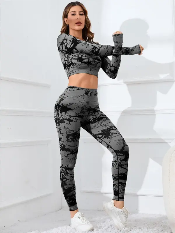 Women's Tie Dye Print Tracksuit Set, Sporty Raglan Sleeve Crop Top & High Waist Leggings, Ladies Sportswear Clothing for Summ...