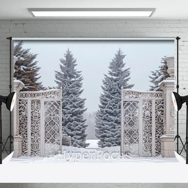 White Retro Gate Snowy Forest Winter Photo Backdrop - Aperturee