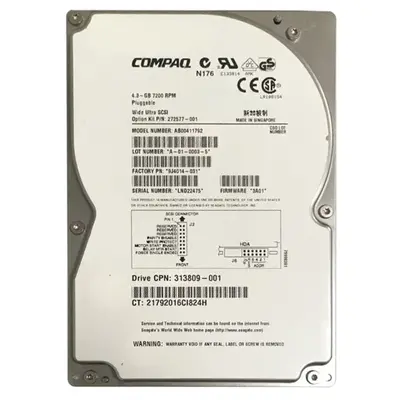 313809-001 HP 4.3GB Wide Ultra2 SCSI 7200 3.5-inch Hard Drive