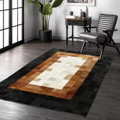 Beige Cowhide Rug with Brown & Black Border