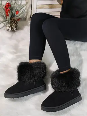 Women's Solid Color Plush Lined Ankle Boots, Slip-On Thick Sole Non-Slip Outdoor Boots, Warm Fashionable Footwear for Fall & ...