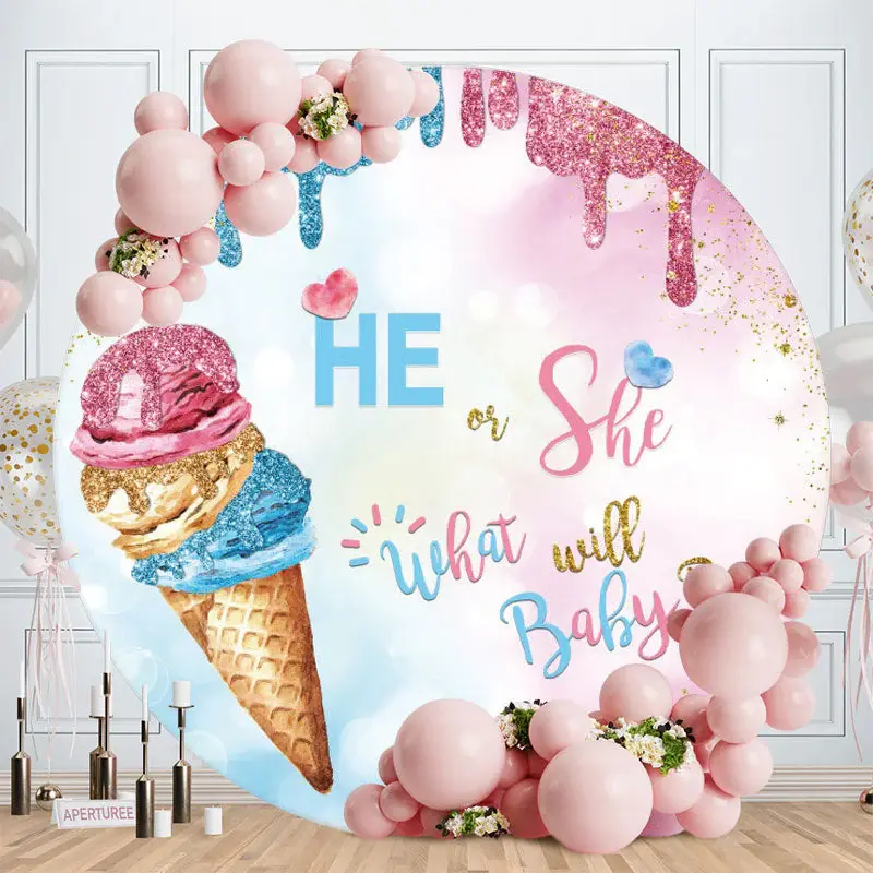 Aperturee Blue Pink Glitter Round Baby Shower Backdrop