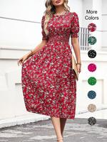 Women's Ditsy Floral Print Frill Trim Shirred Keyhole Back Puff Sleeve Dress, Boho Romantic Short Sleeve Round Neck A Line Mi...