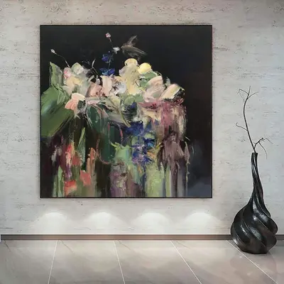 Abstract Painting on Canvas Colorful Wall Art Black Canvas Green Wall Art Beige Painting Original Oil Painting for Living Roo...