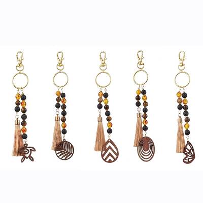 Lava Rock & Tiger Eye & Resin & Wood Tassels Keychain