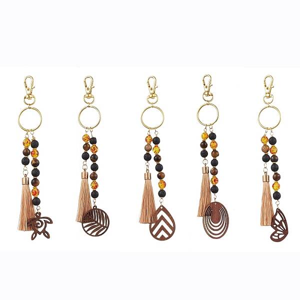 Lava Rock & Tiger Eye & Resin & Wood Tassels Keychain