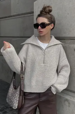 Loose Fit V-Neck  Women's Pure Color Long Sleeve Half Zipper Pullover Sweaters Casual Slouchy Ribbed Knitted Jumper Tops