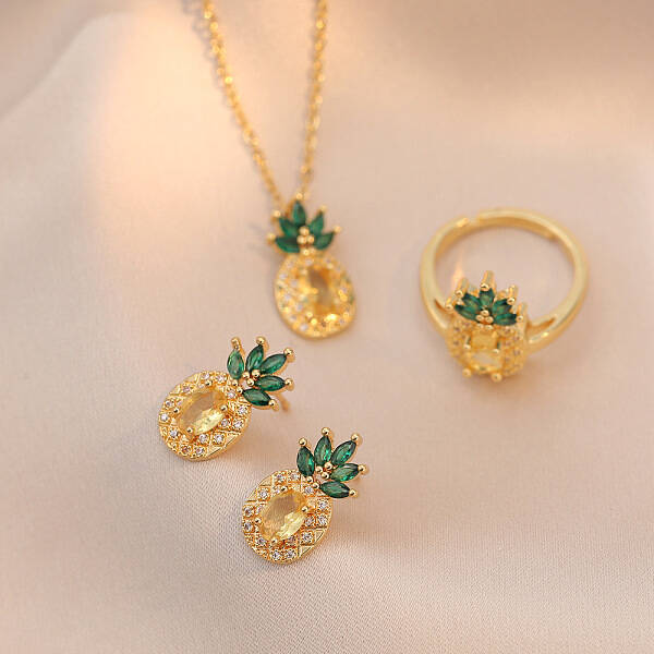 Pineapple Stainless Steel Rhinestone Pendant Necklace & Stud Earrings & Finger Ring Set