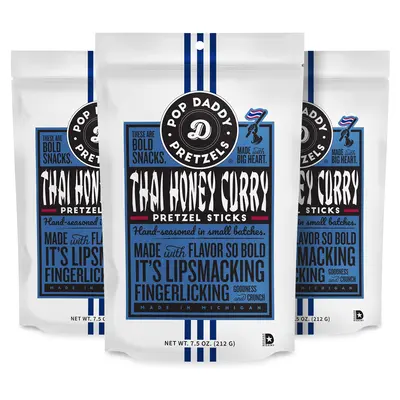 Pop Daddy Flavored Pretzels Sticks | Healthy Gourmet Pretzels Snacks | 7.5oz Individual Bags | 3 Pack | Thai Honey Curry