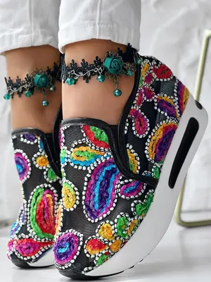 Colorblock Embroidering Design Wedge Sneakers, Women's Sneakers, Designer Sneakers, Boho Style Faux Pearl Decorated Slip on S...