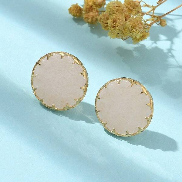 304 Stainless Steel Rose Quartz Flat Round Stud Earrings for Women