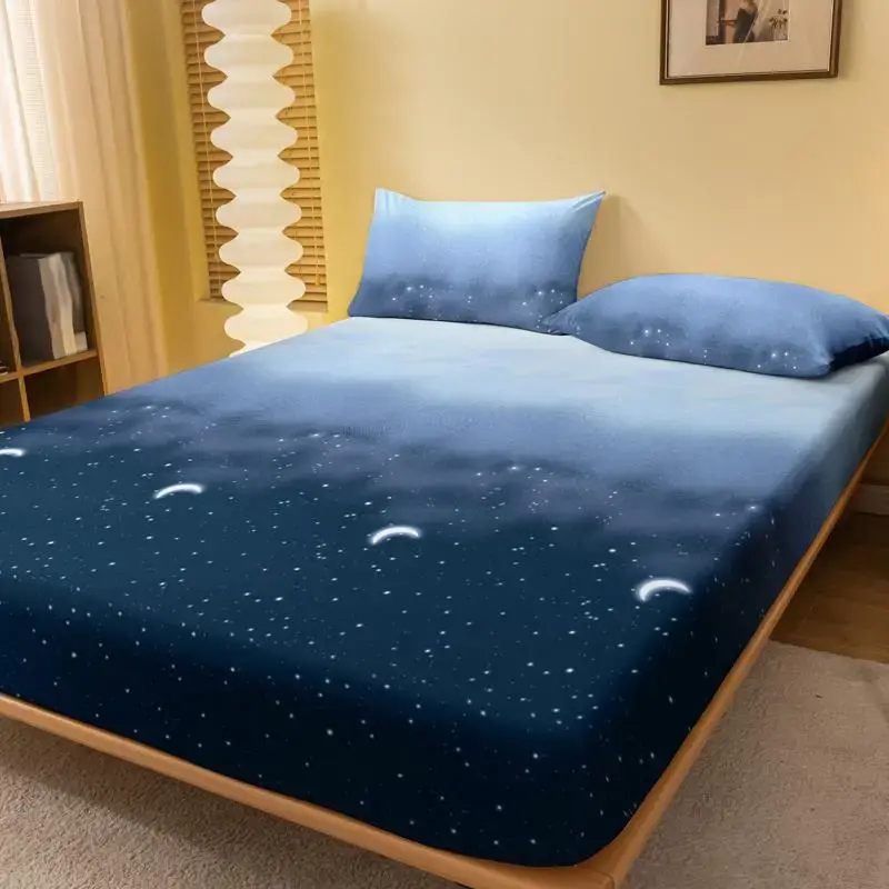 Double Bed Fitted Sheet with 30cm Deep Pocket, 1 Count Starry Sky Print Durable Bedding Sheet, Comfortable Bedspread for Twin...