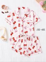 【Plus Size】 Cherry Print Top & Shorts Pyjama, Casual Comfy Short Sleeve Top & Shorts Pj Set, Women's Sleepwear for Summer...