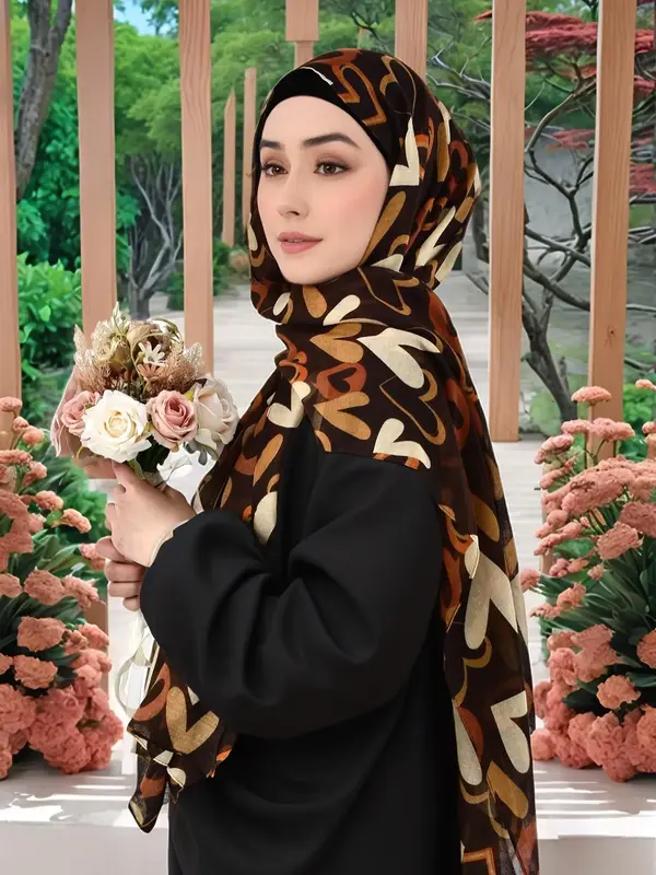 Women's Heart Print Khimar, Modest Casual Soft Comfortable Breathable Hijab for Daily Wear, Fashionable Muslim Clothing for A...